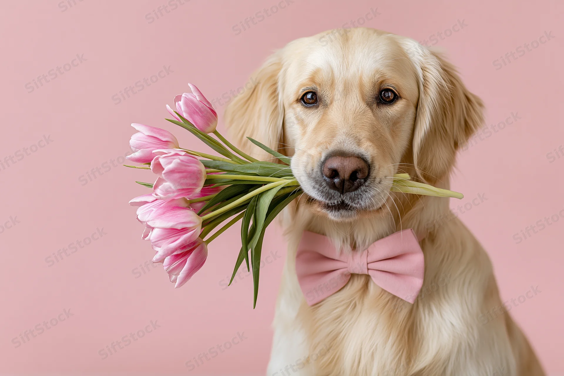 Golden retriever holding pink tulips bouquet with bowtie against pink background