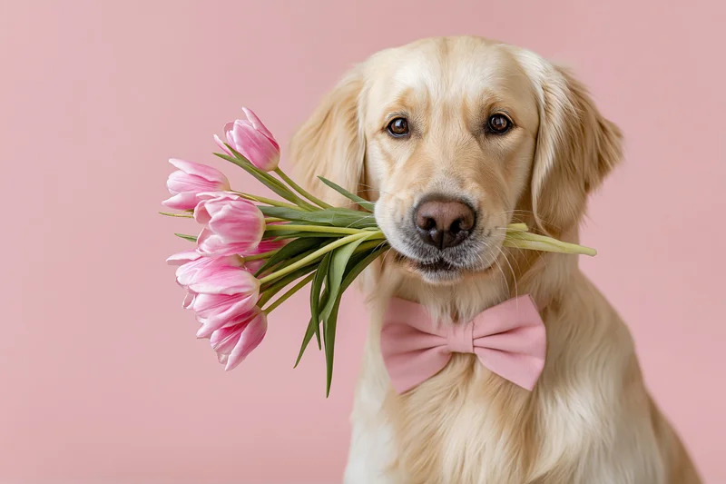 Golden retriever holding pink tulips bouquet with bowtie against pink background