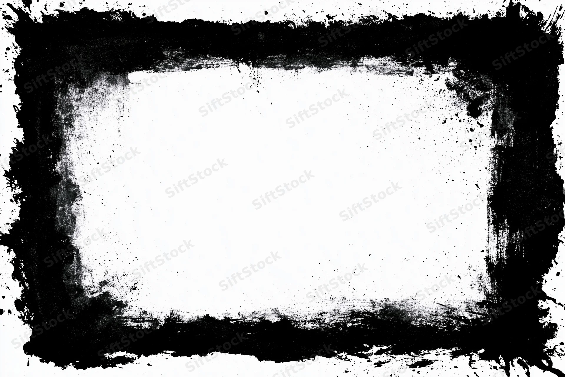 Grunge ink border frame with distressed black paint texture surrounding a blank white center