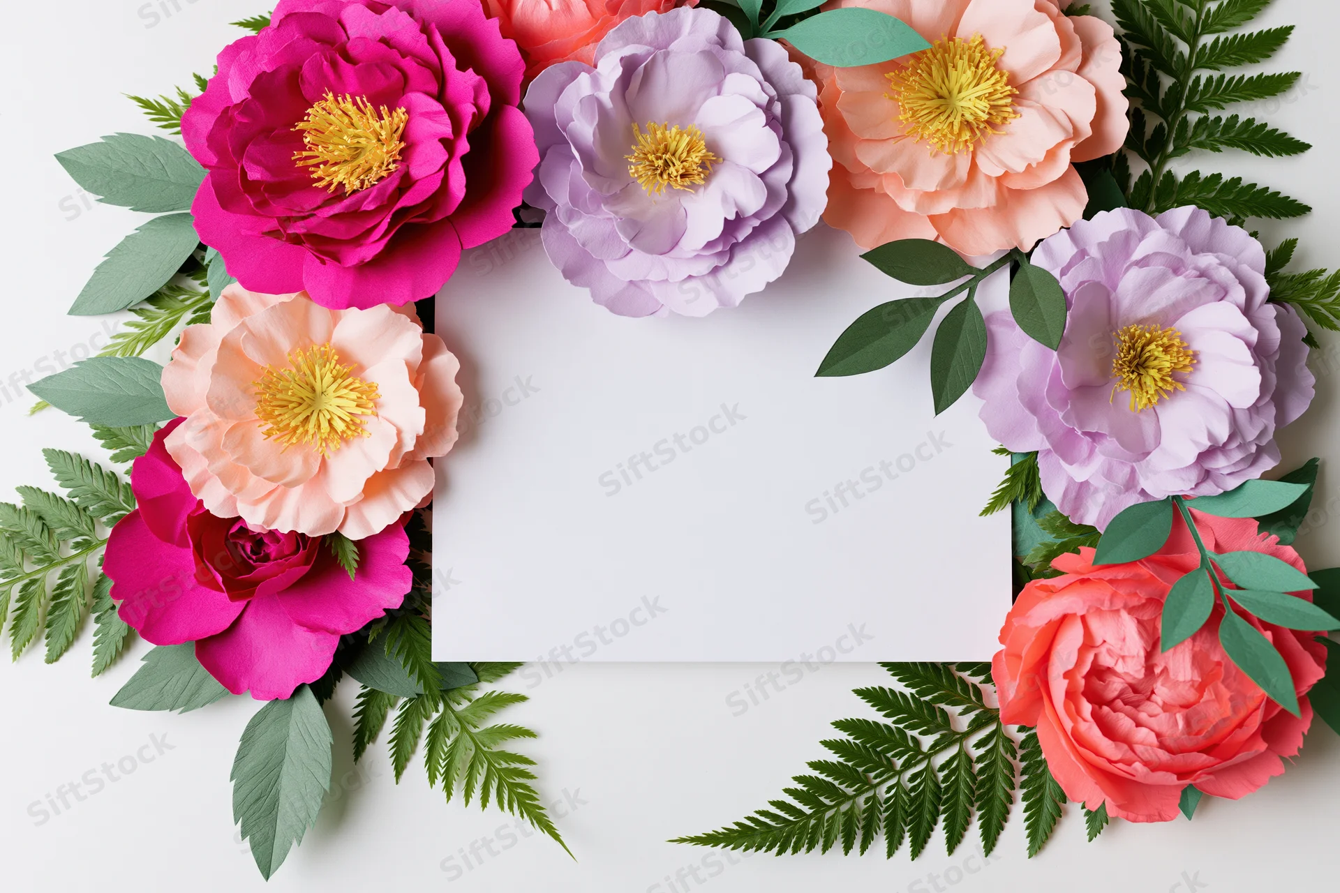 Paper flowers and greenery arranged in a circular frame around a blank white card on a white surface