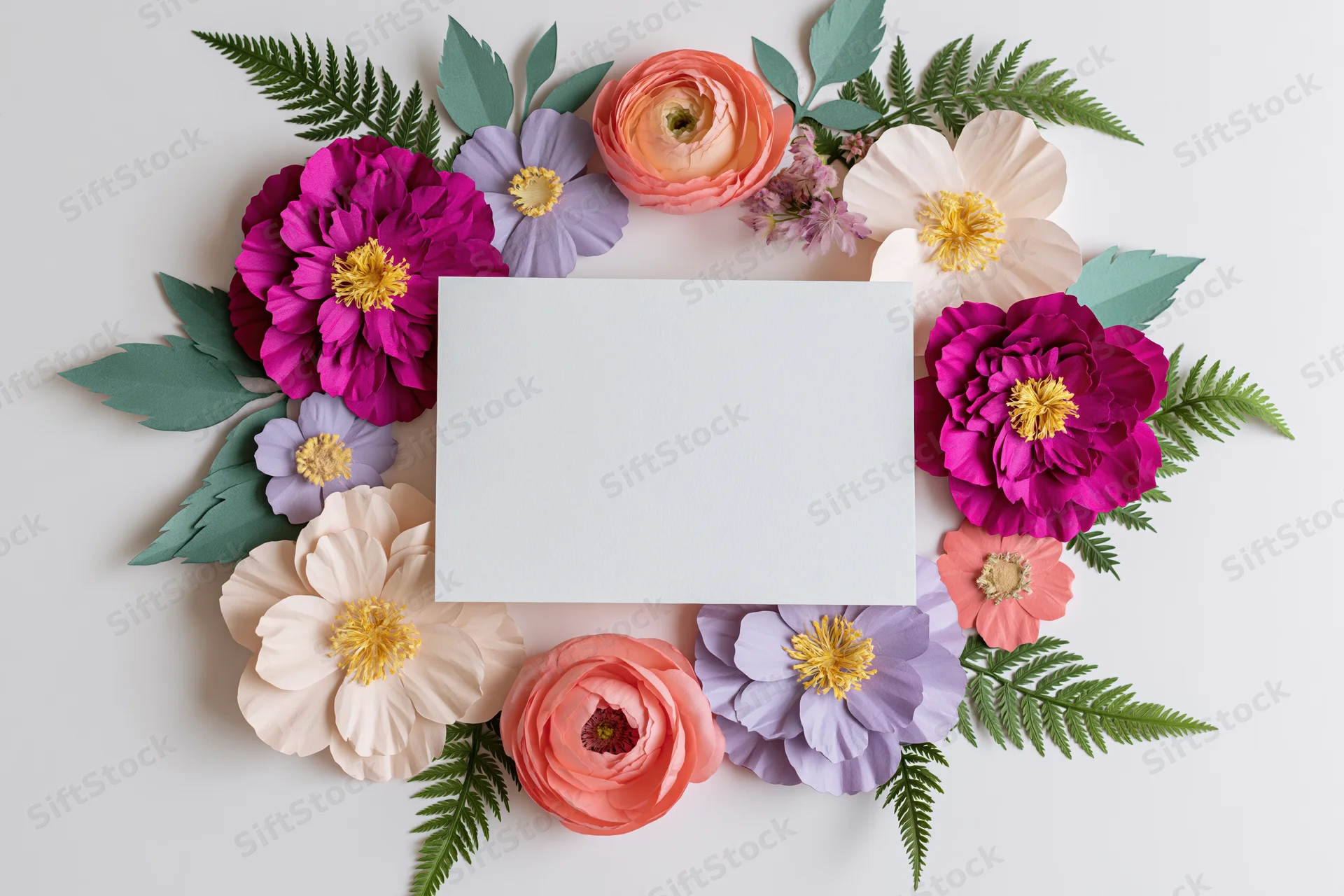 Paper flowers arranged in a circular wreath around a blank card on white background