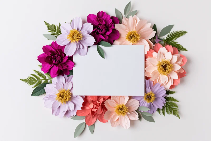 Paper flowers arranged in a circular wreath around a blank card on white background