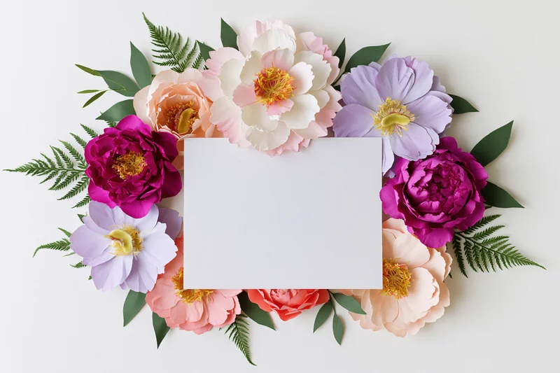 Paper flowers arranged around a blank card on white surface