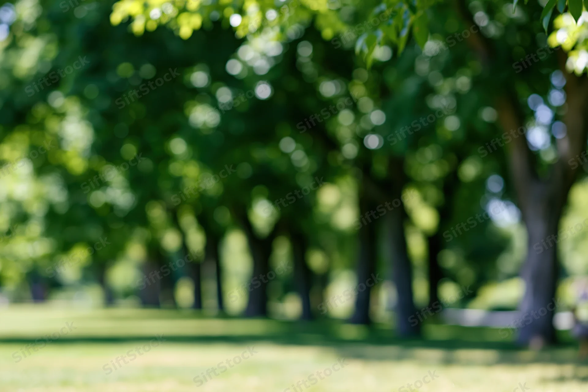 Blurred park landscape with trees and green grass under sunlight