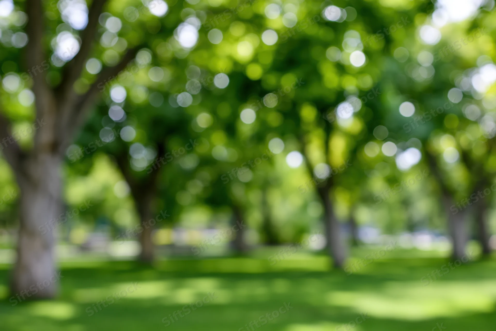 Blurred view of green trees and grass in a sunny urban park