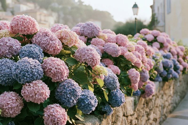 Hydrangea bushes in full bloom lining a stone wall along a village street