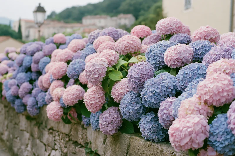 Hydrangea bushes in full bloom lining a stone wall in a countryside garden