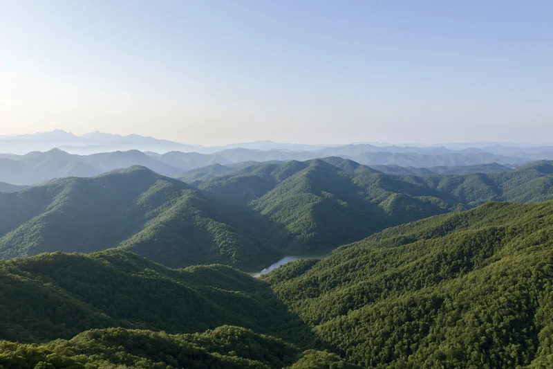 Aerial view of layered green mountain ridges stretching to the horizon