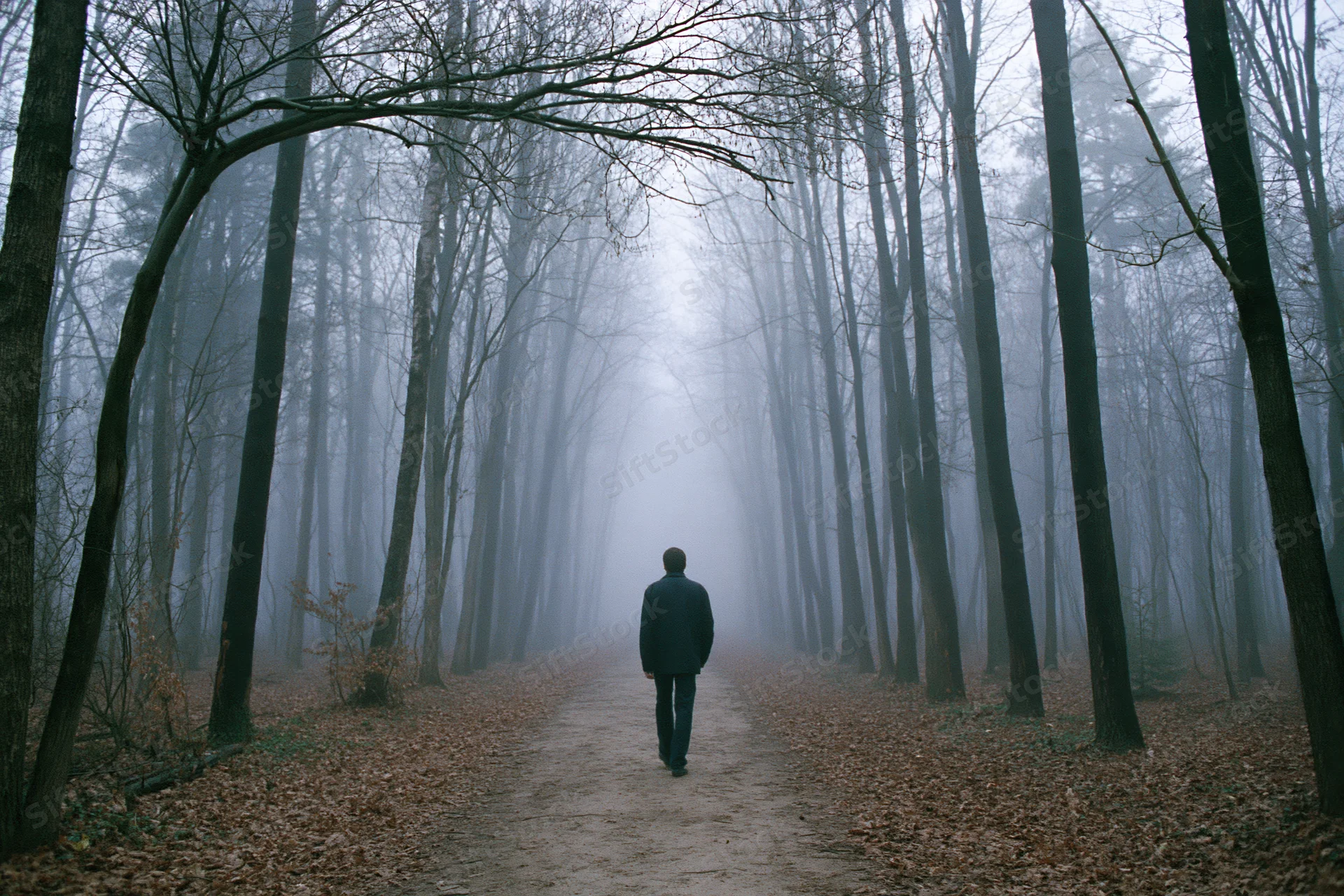 Man walking away on a narrow dirt path through a foggy forest in autumn