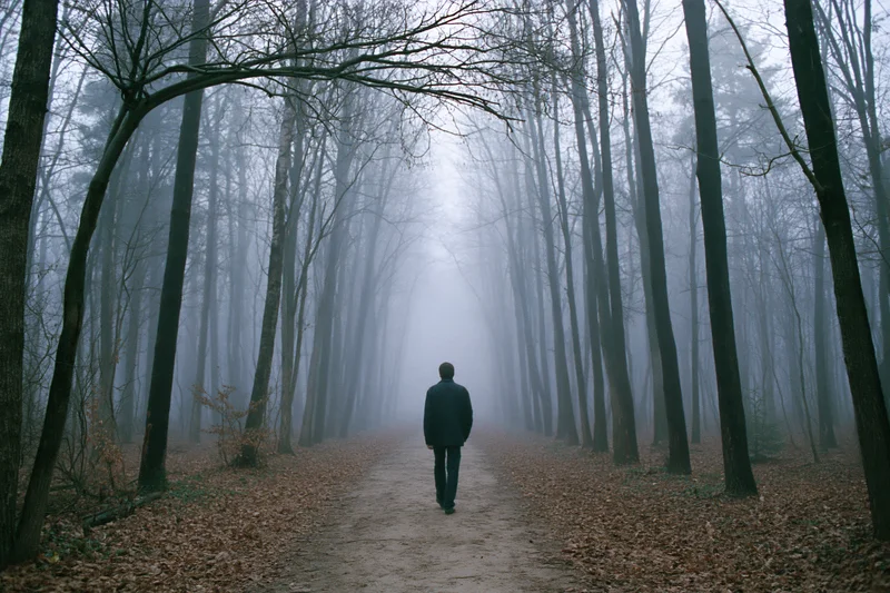 Man walking away on a narrow dirt path through a foggy forest in autumn
