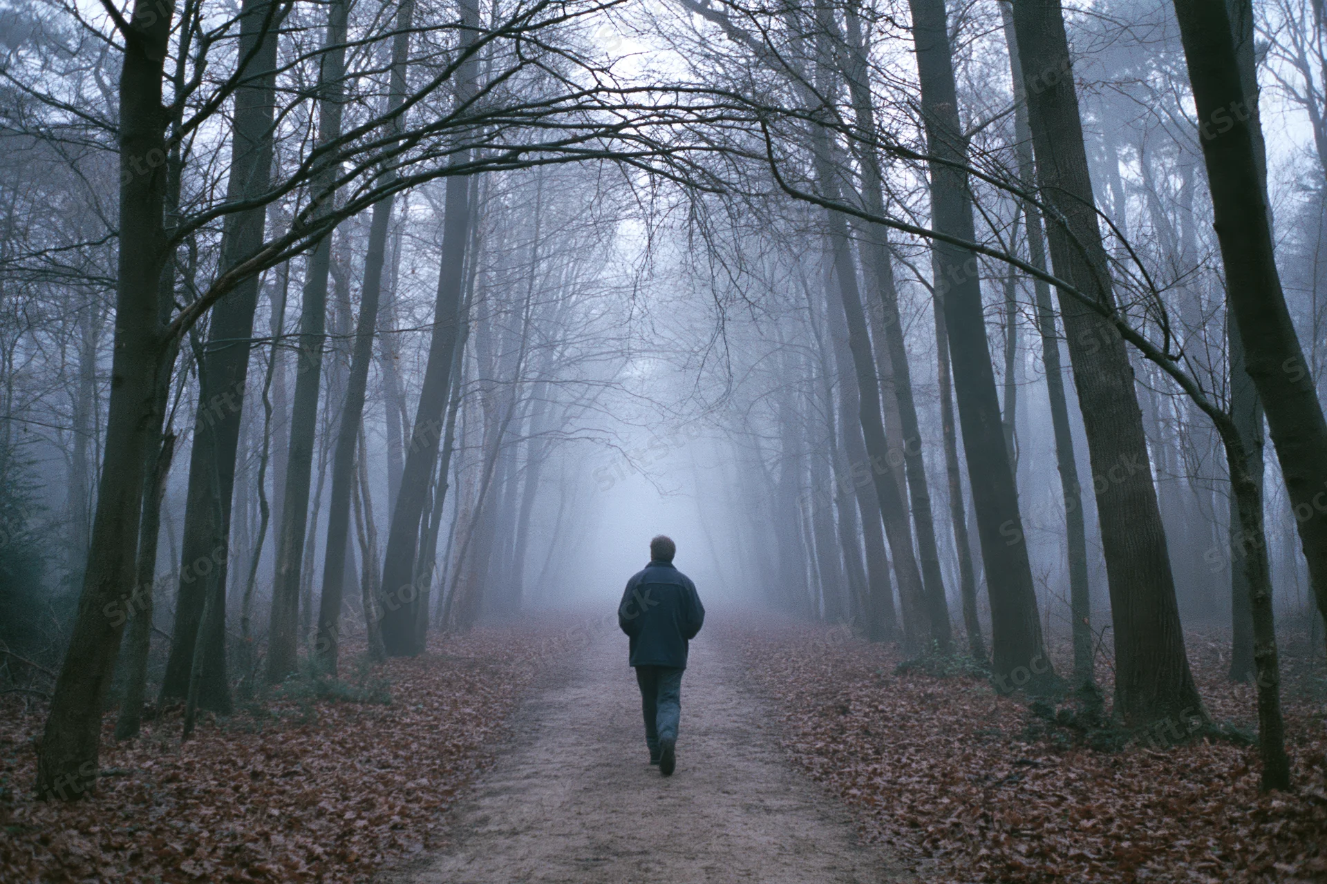Man walking away on a narrow dirt path through a foggy forest in autumn