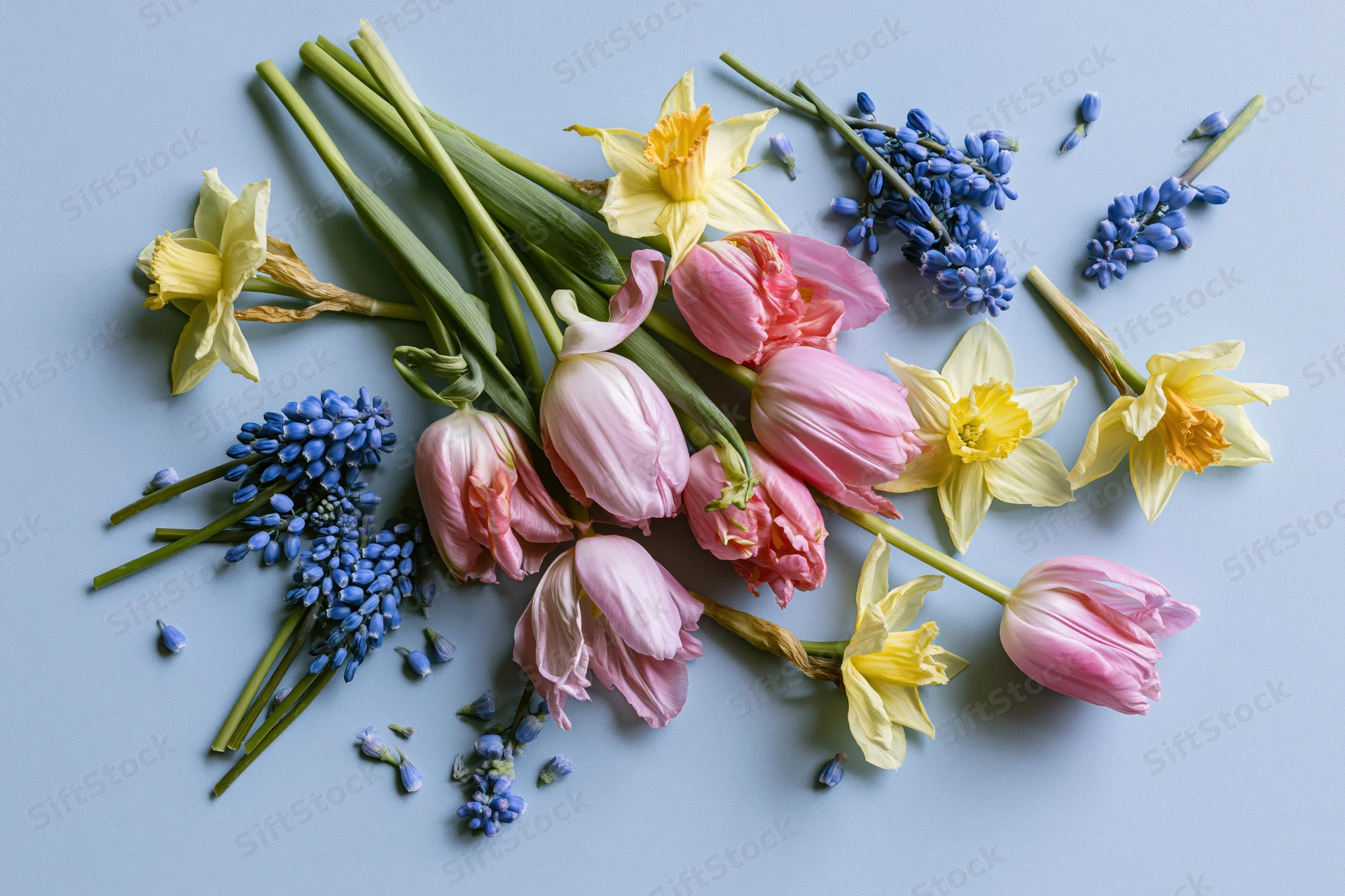 Loose arrangement of pink tulips, blue muscari, and yellow daffodils on a light blue surface