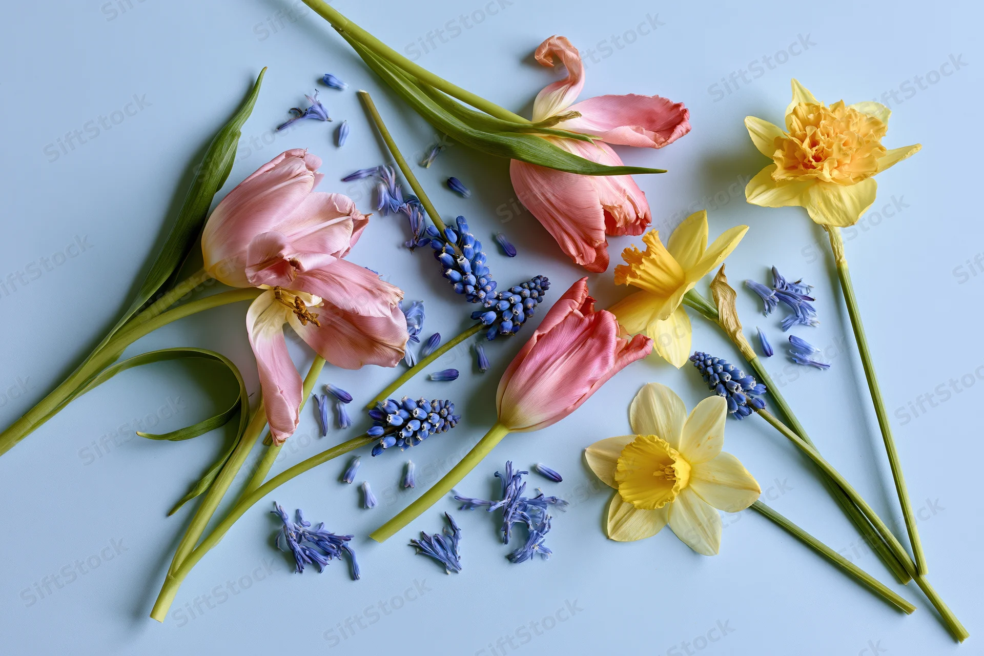 Pink tulips, yellow daffodils and blue muscari arranged on a light blue surface in a flat lay composition