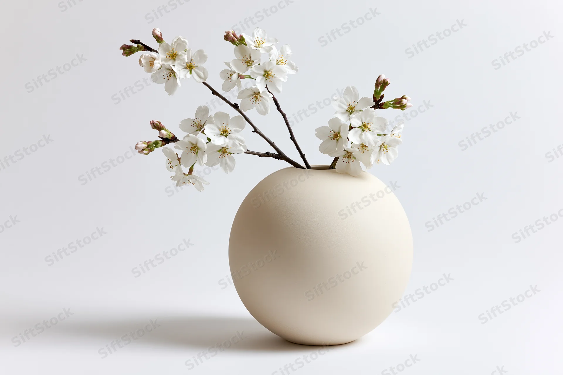 Round matte ceramic vase holding cherry blossom branches on white background