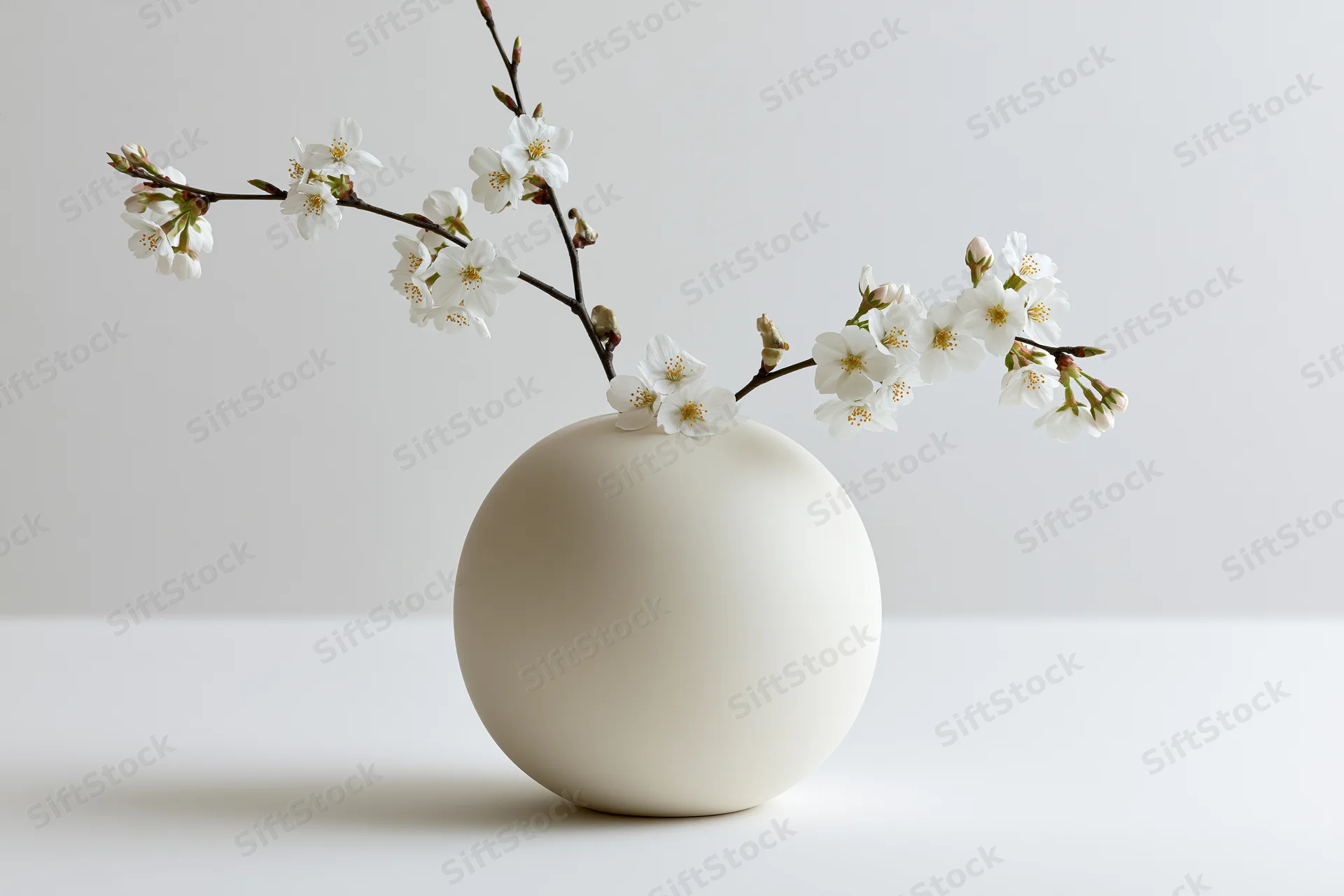 Round matte white ceramic vase holding cherry blossom branches on a white surface