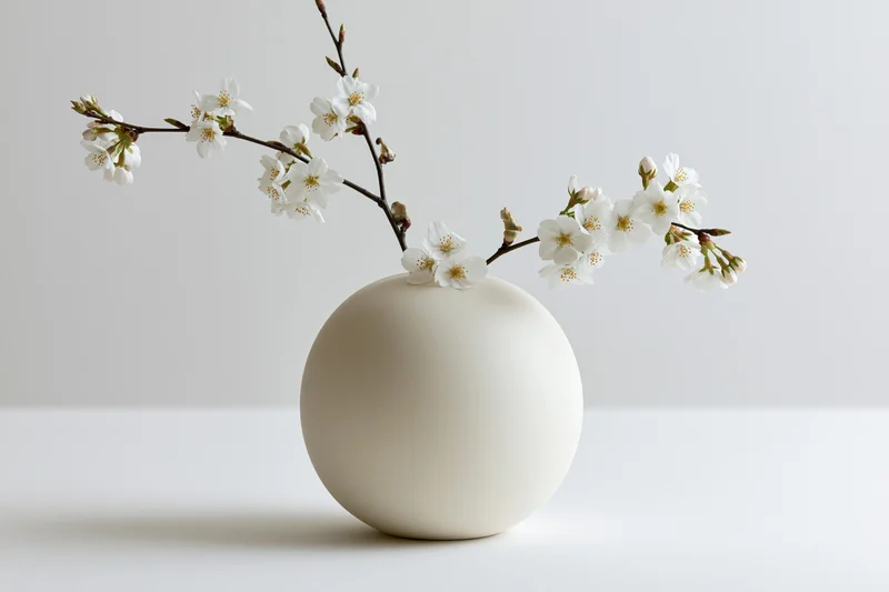 Round matte white ceramic vase holding cherry blossom branches on a white surface