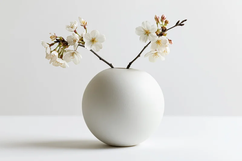 Round white ceramic vase holding cherry blossom branches on a white surface