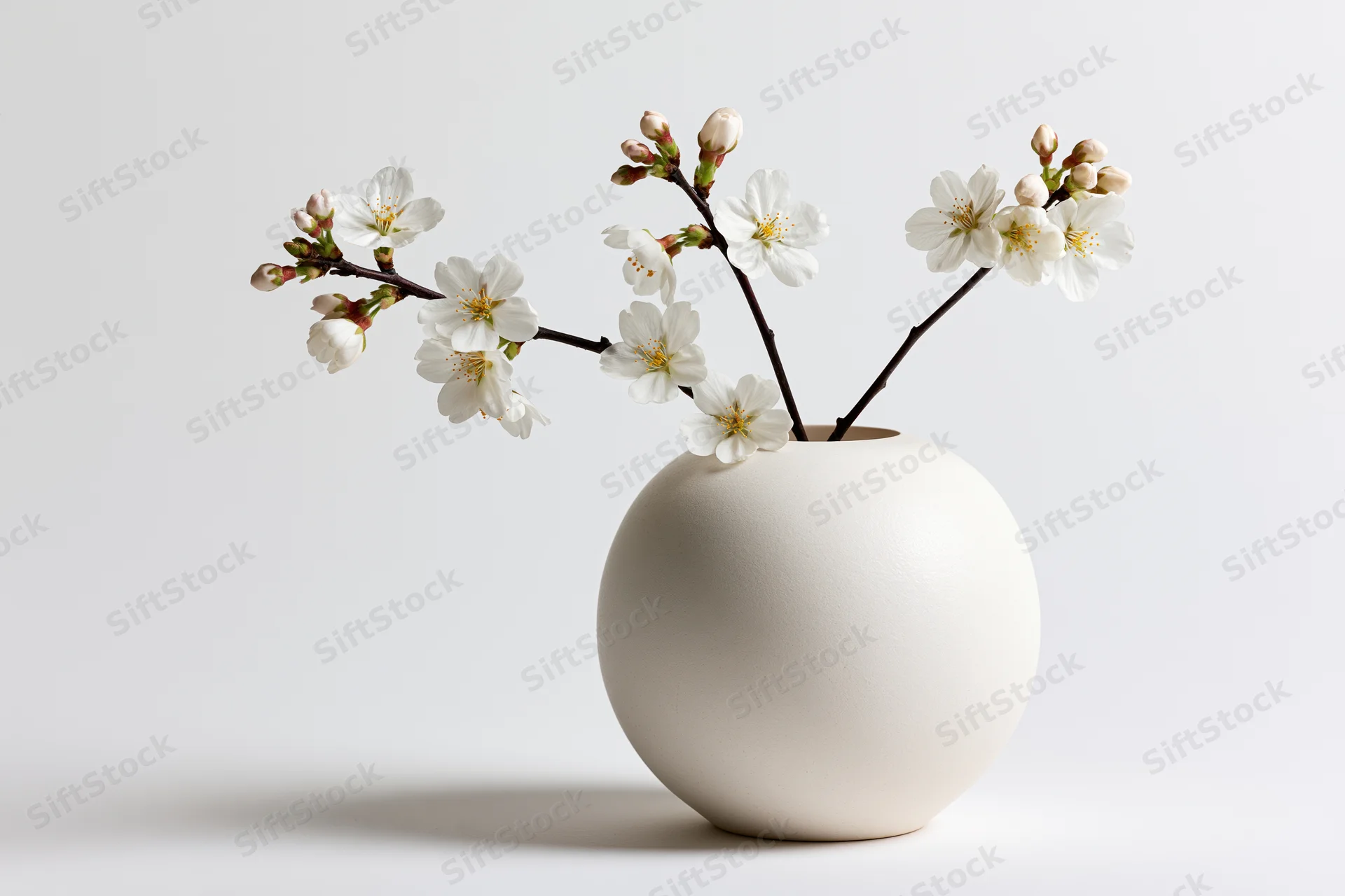 White ceramic vase holding cherry blossom branches on a plain background