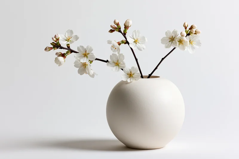 White ceramic vase holding cherry blossom branches on a plain background
