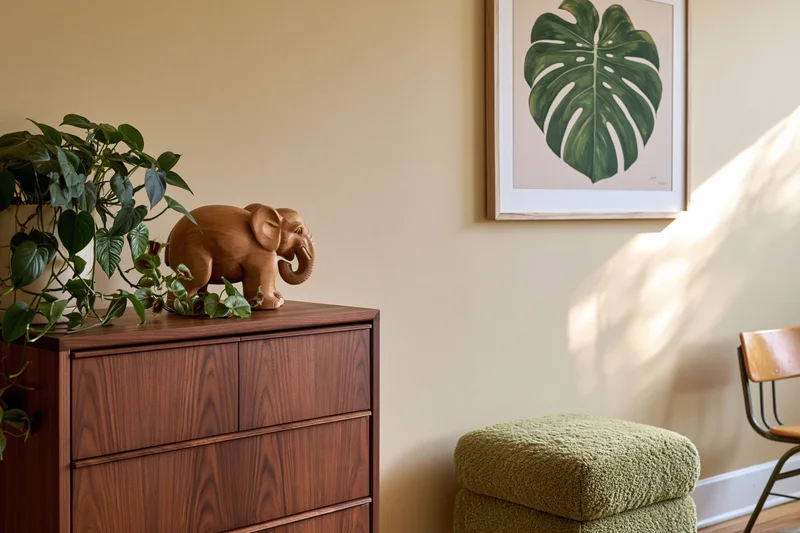 Midcenturymodern living room corner with walnut dresser holding wooden elephant sculpture and houseplant, framed monstera print on wall, green ottoman and chair nearby