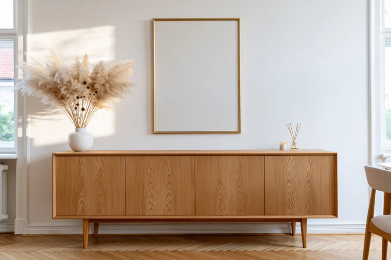 Midcentury modern wooden sideboard with decorative items against white wall in bright living room