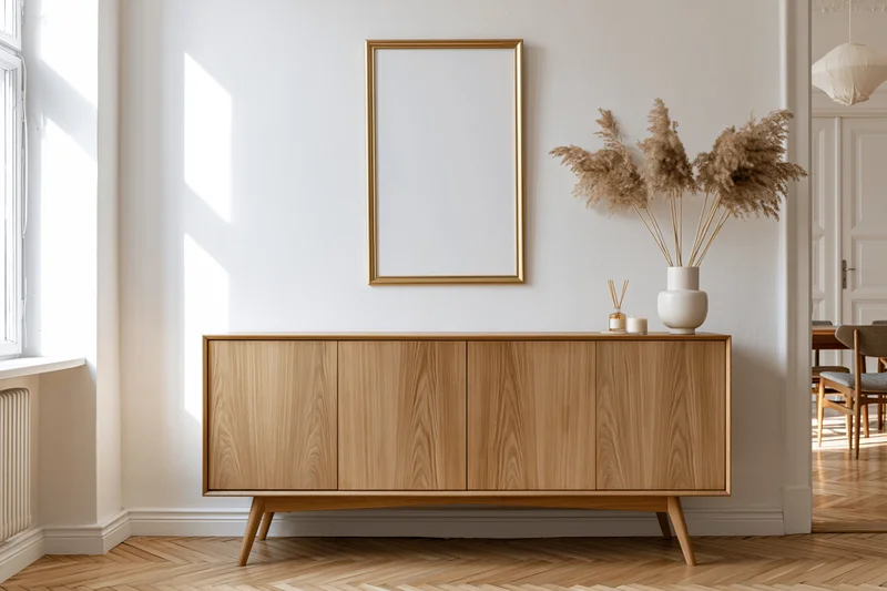 Midcenturymodern wooden sideboard against white wall with gold frame and dried pampas grass in vase