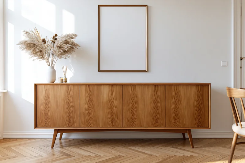 Midcentury modern wooden sideboard against white wall with framed artwork and dried flowers on top, in a bright living room with herringbone flooring