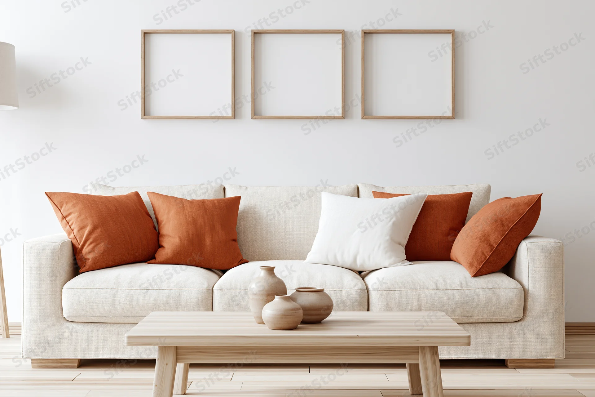 Cream linen sofa with orange and white cushions in a minimalist scandinavian living room with wooden coffee table and empty frames on the wall