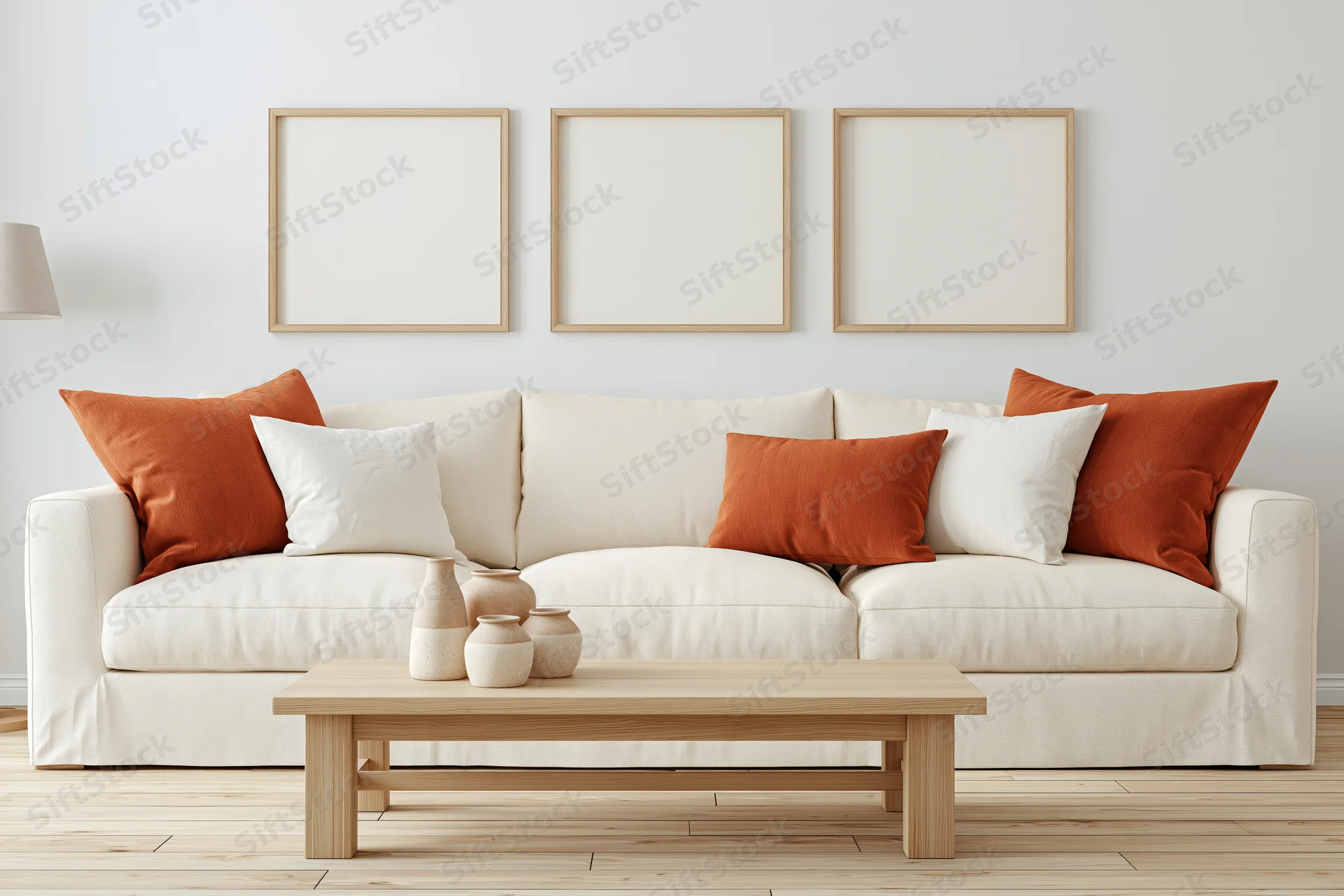 Cream linen sofa with orange and white cushions in a minimalist scandinavian living room with wooden coffee table and framed wall art