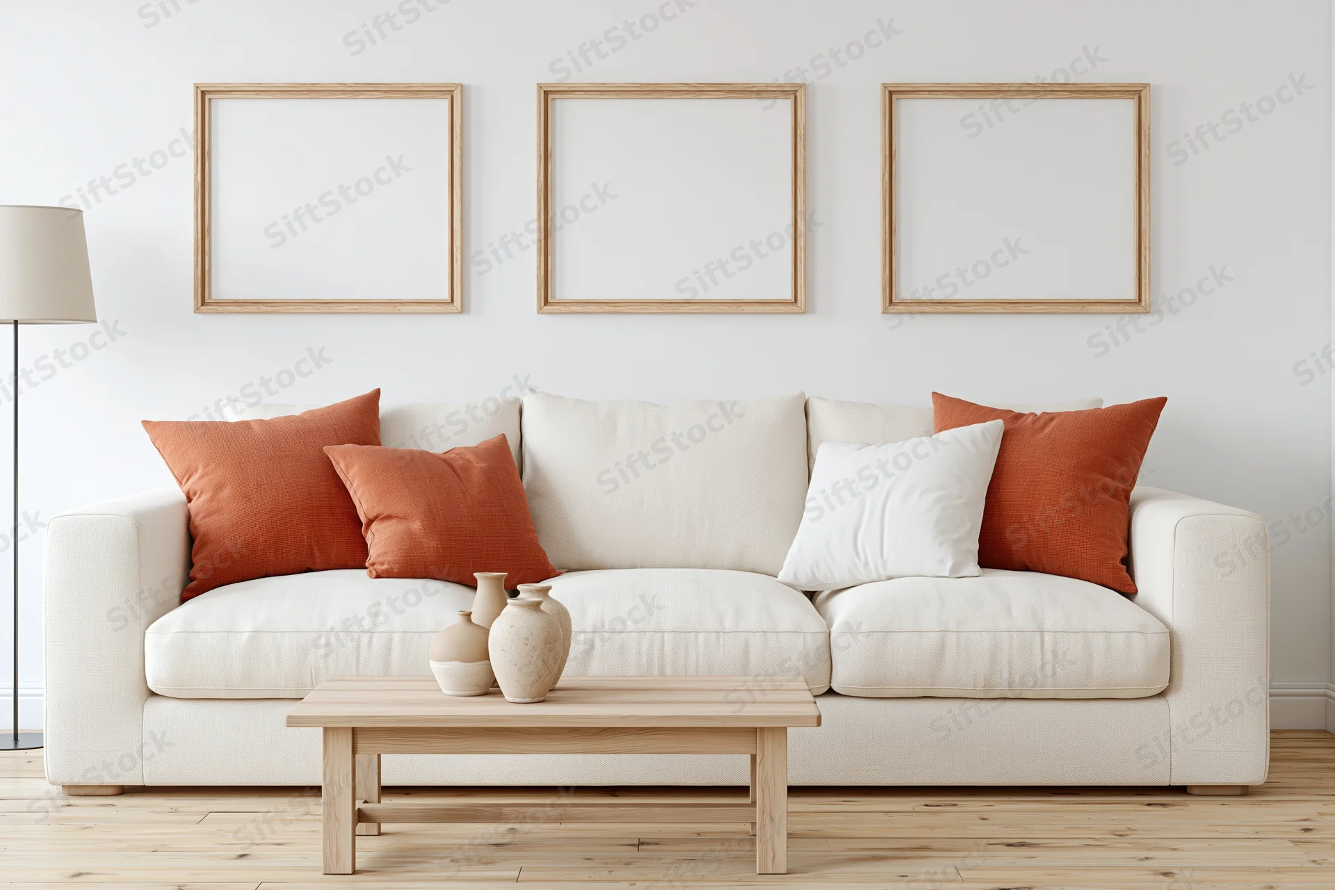 Cream linen sofa with orange and white cushions in a minimalist scandinavian living room with wooden coffee table and framed wall art