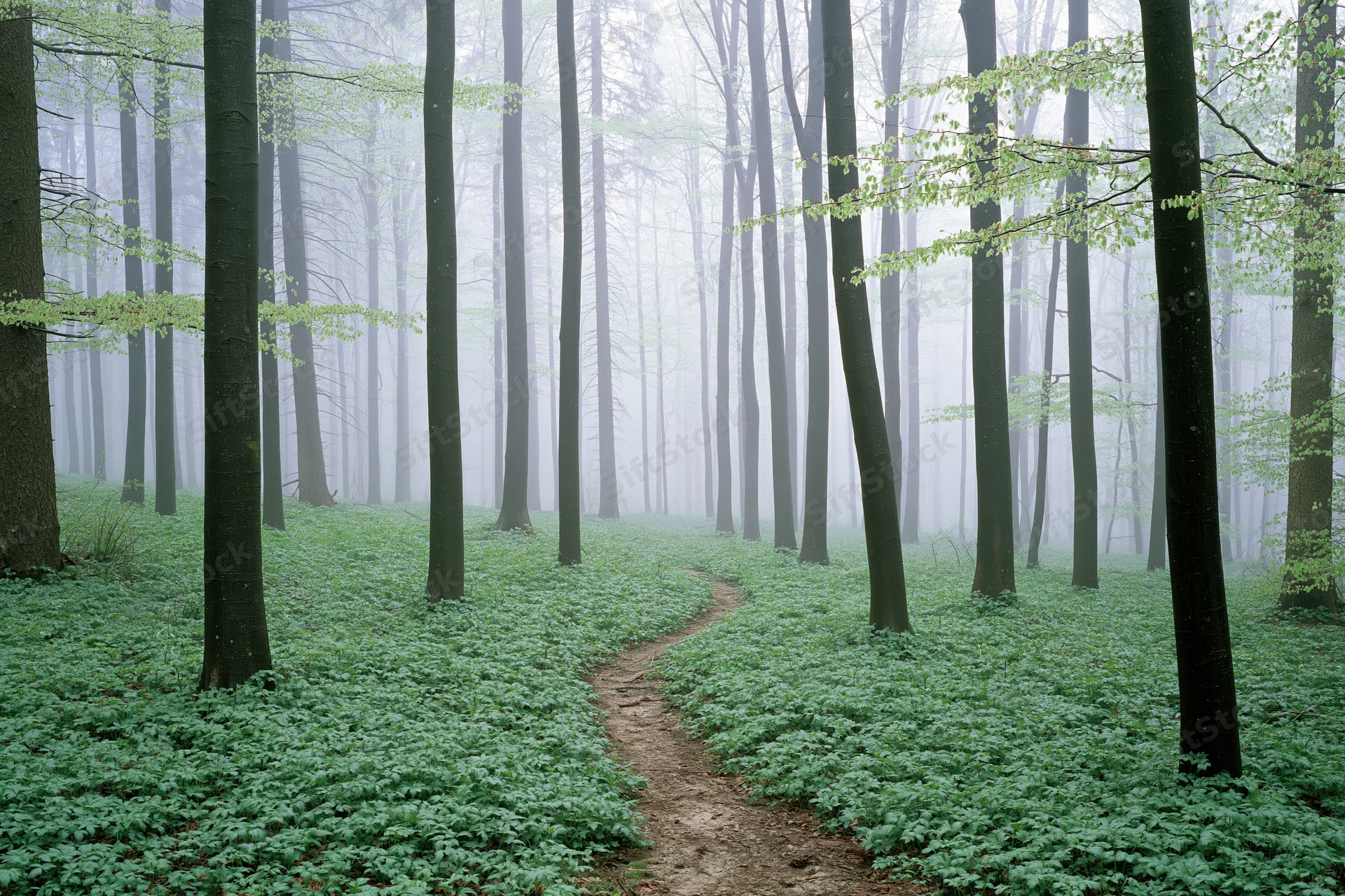 Winding dirt path through misty beech forest in early spring with green undergrowth