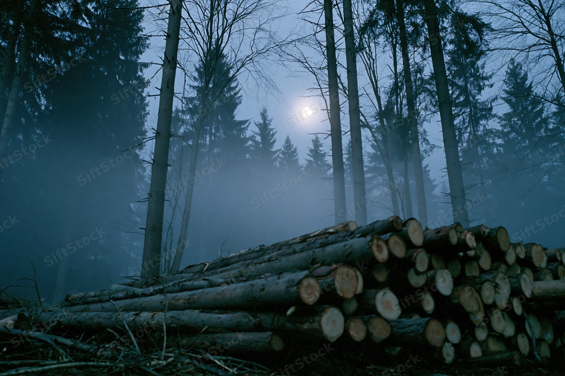 Stacked logs in a misty forest at night under moonlight