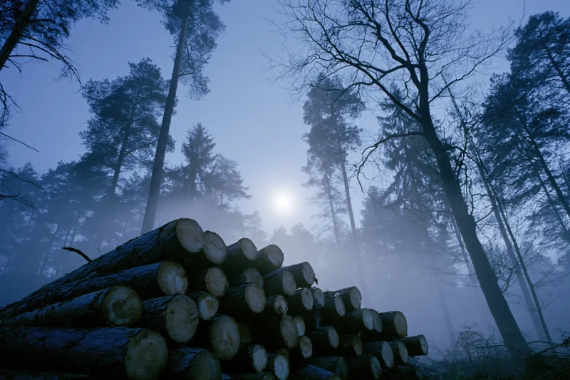 Stack of cut logs in a misty forest at night with moonlight glowing through tall trees