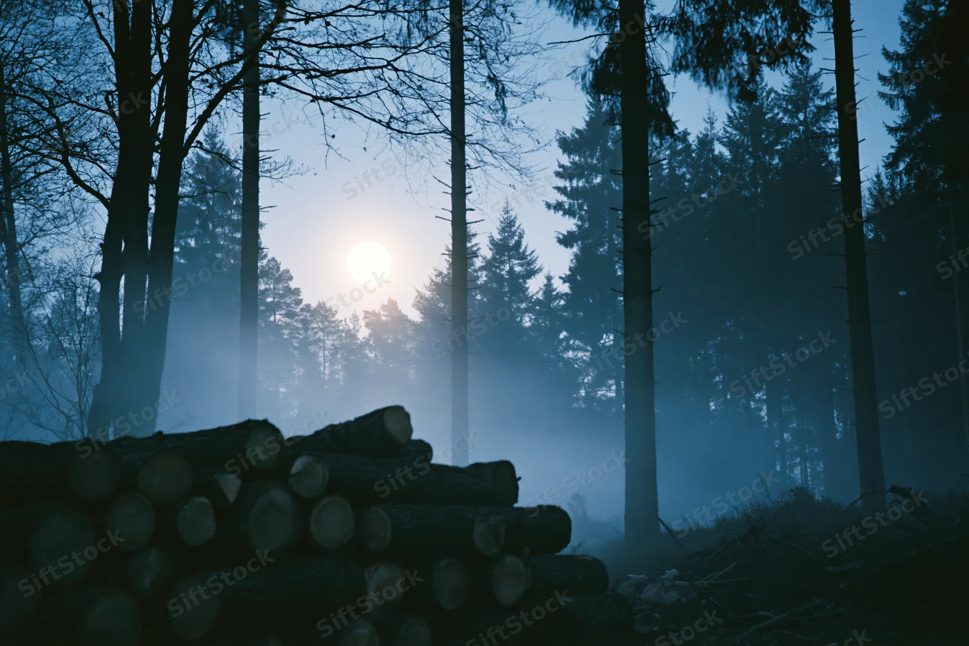 Misty forest at night with full moon glowing through tall trees and stacked logs in foreground