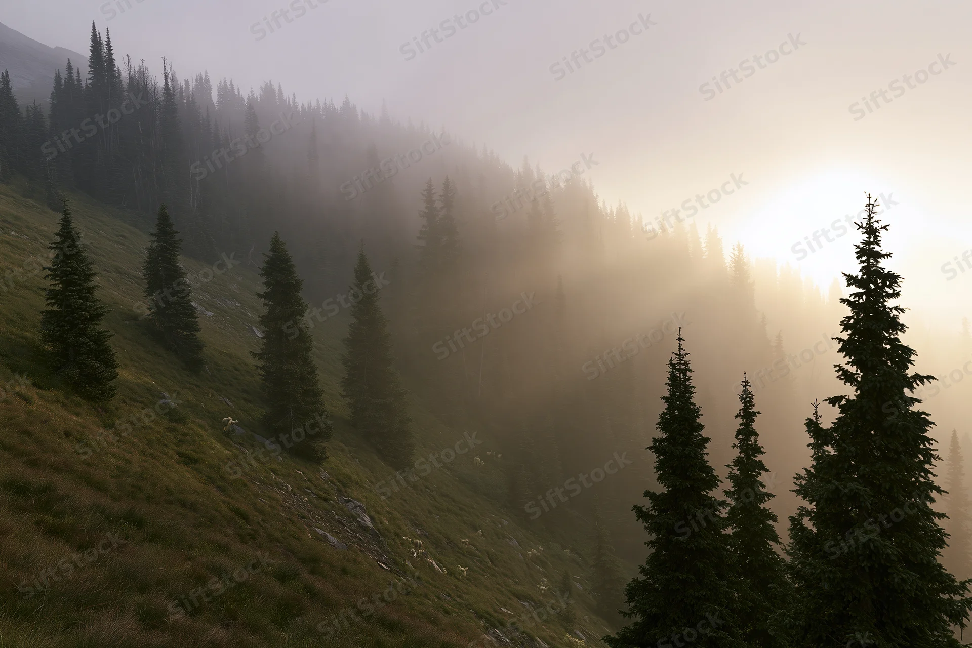 Misty mountain meadow with scattered spruce trees on a sloping hillside at sunrise