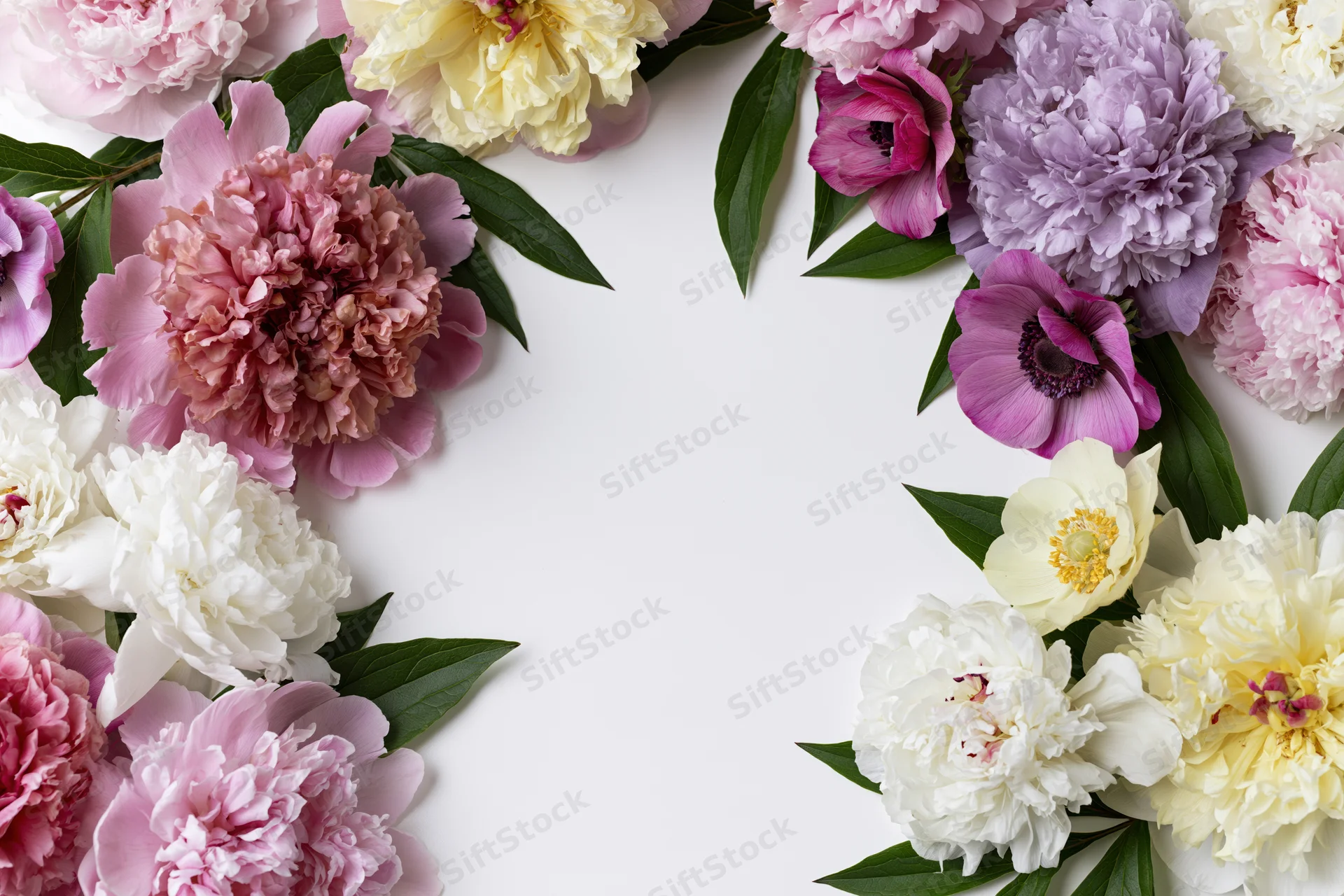 Peony and anemone blooms arranged in clusters framing a white center space
