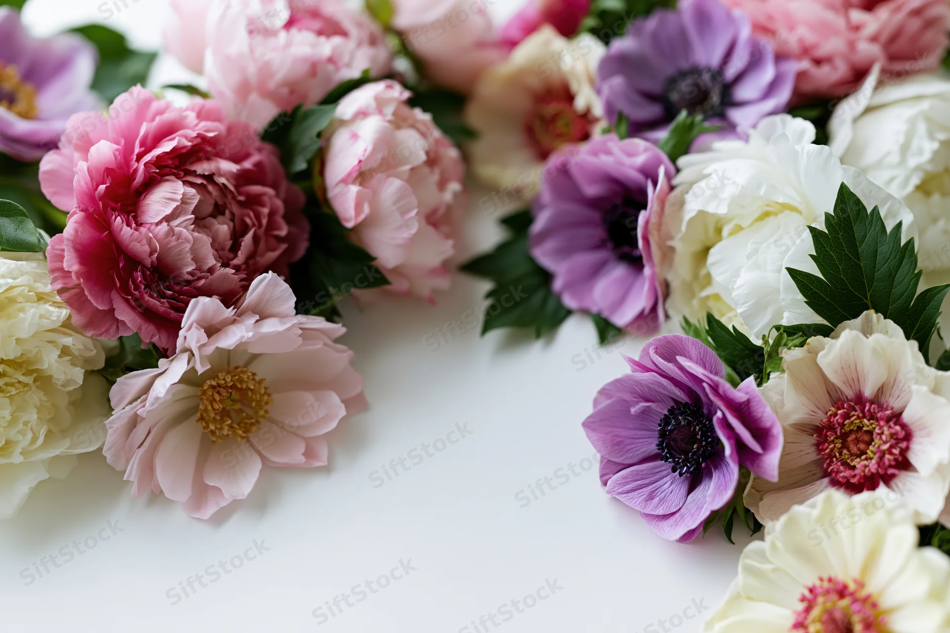 Clusters of pink, purple and white peonies and anemones arranged on white surface with copyspace