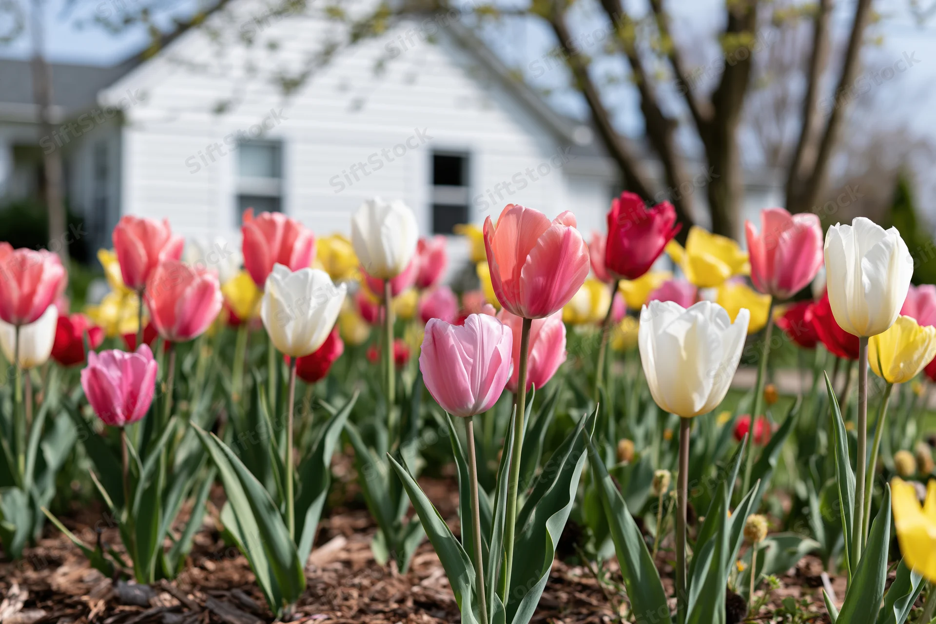Mixed pink white red and yellow tulips in full bloom in a garden bed in front of a house