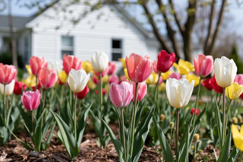 Mixed pink white red and yellow tulips in full bloom in a garden bed in front of a house