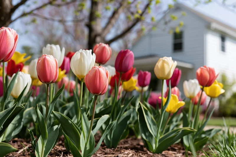 Colorful tulips in full bloom in a suburban garden bed in front of a house