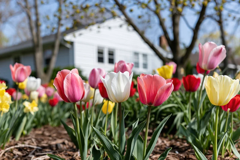 Colorful tulips in full bloom in a suburban garden with a house in the background