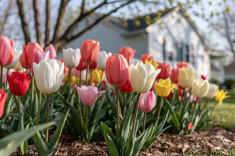 Colorful tulips in full bloom in a front yard garden bed near a house