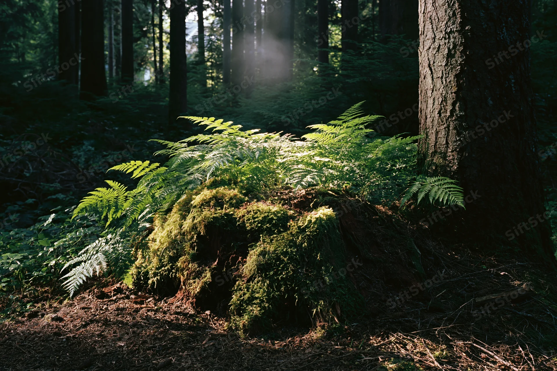 Moss-covered tree stump with bright green ferns in a sunlit forest clearing
