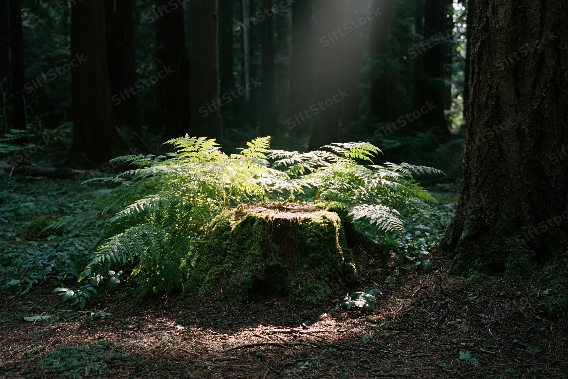 Moss-covered tree stump surrounded by ferns in a sunlit forest clearing