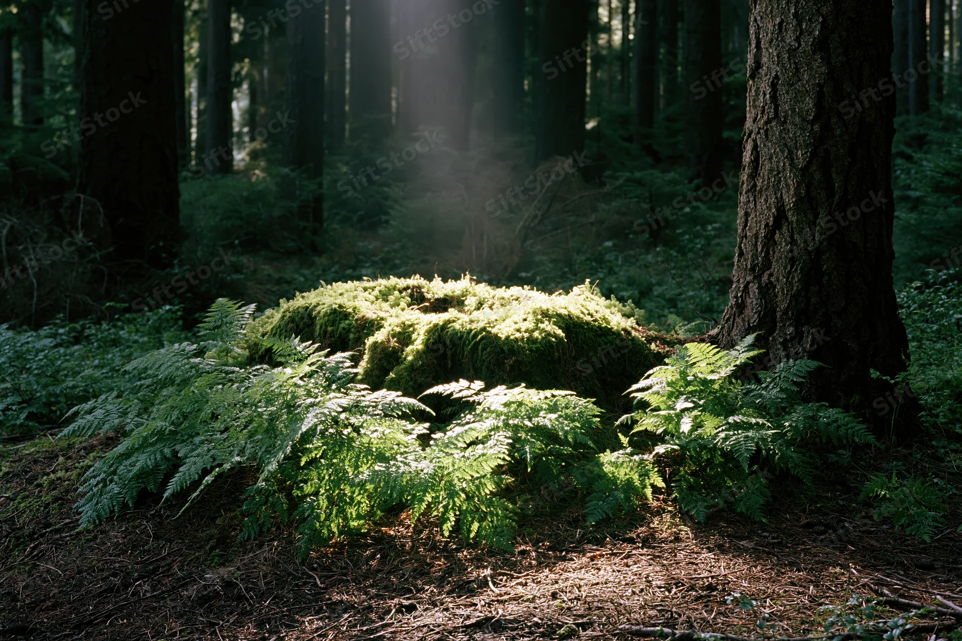 Moss-covered stump surrounded by ferns in a sunlit forest clearing