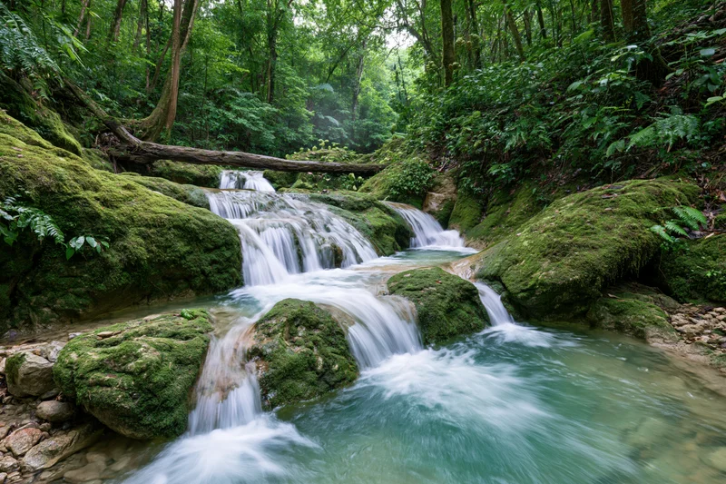 Multi-tiered waterfall cascading over moss-covered rocks in a dense jungle forest