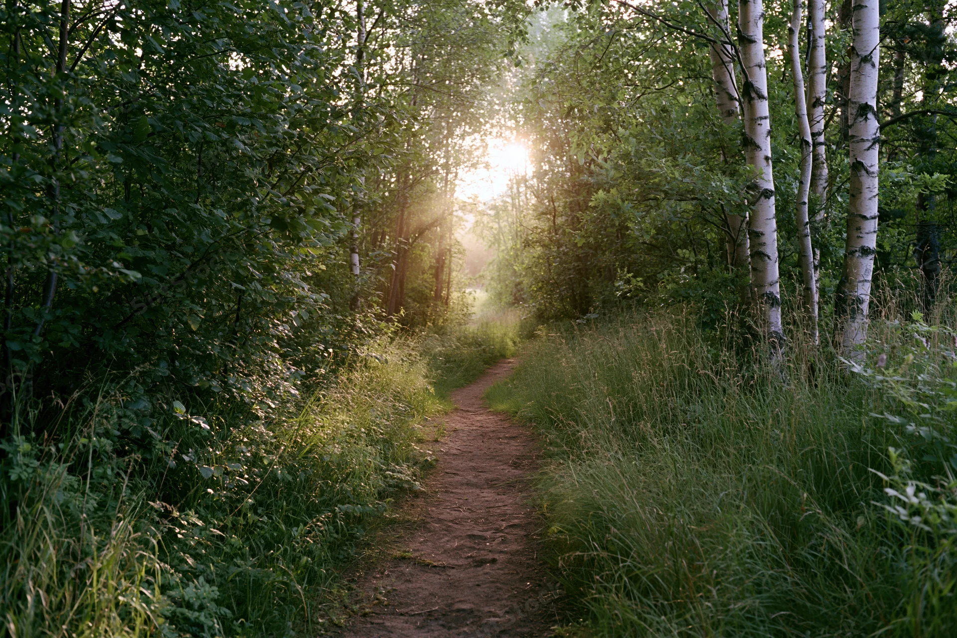 Narrow dirt path winding through dense birch and mixed forest with sunlight filtering through trees