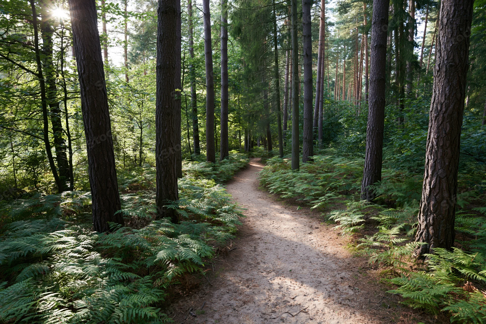 Narrow dirt path winding through dense pine forest with ferns and dappled sunlight