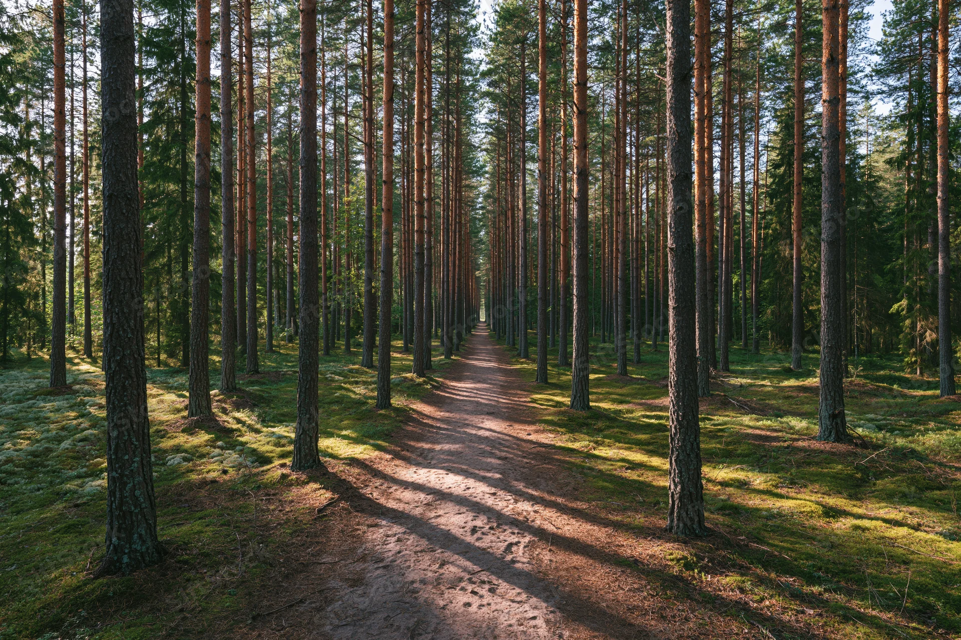 Narrow dirt path winding through tall pine trees in a forest