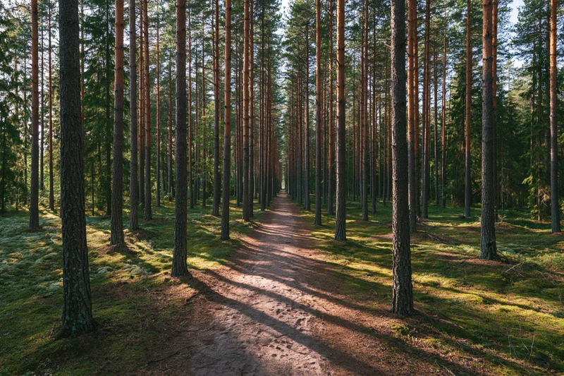 Narrow dirt path winding through tall pine trees in a forest